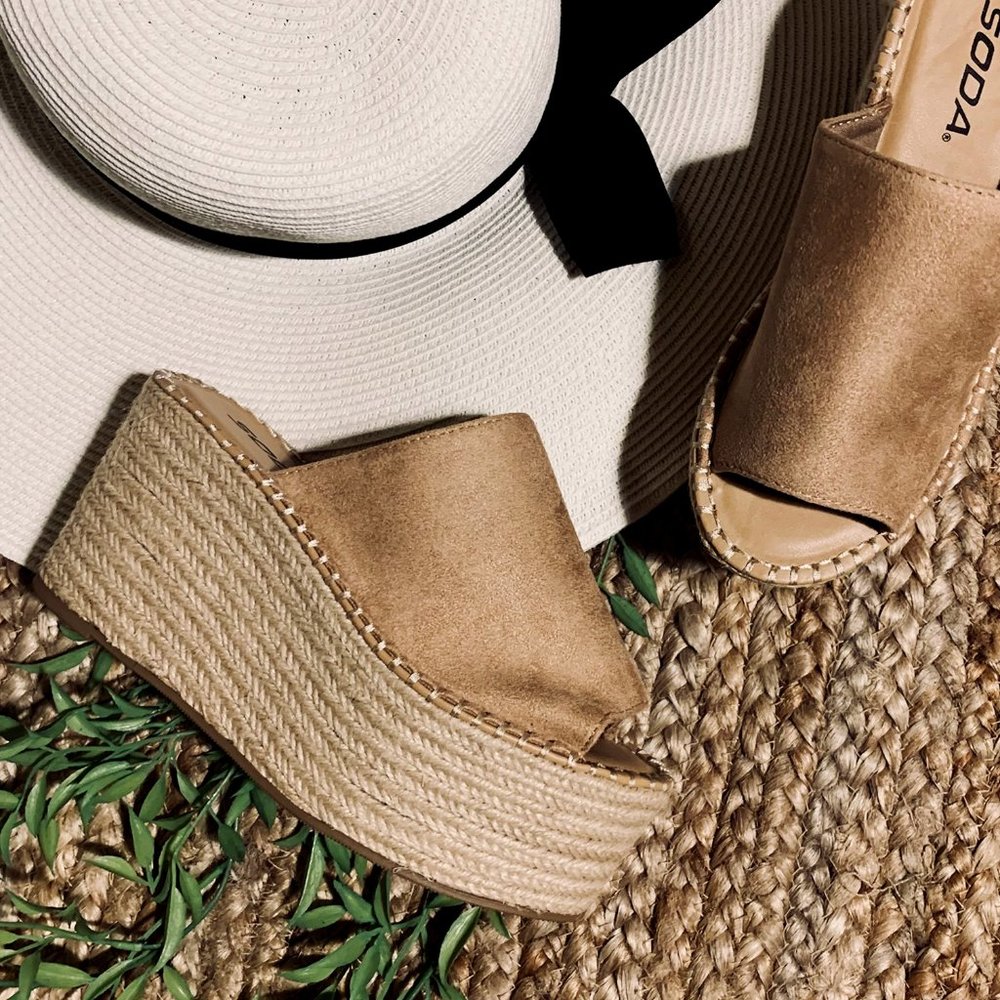 NEW🔥 Natural Nude Peep Open Toe Espadrille Slide Sandal Platform Wedge Heel